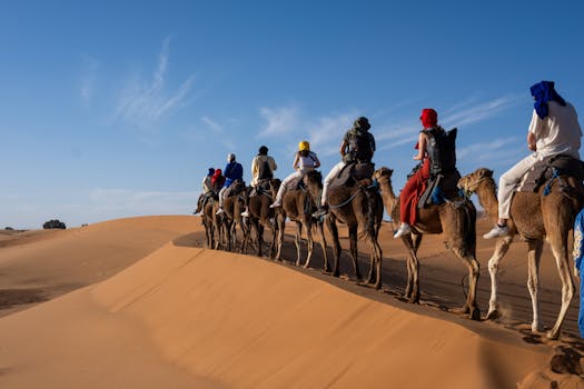 A group rides camels across sandy desert dunes under clear blue sky.