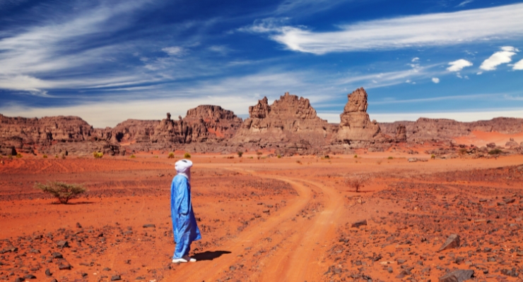 Camel trek through the Draa Valley desert near M'Hamid