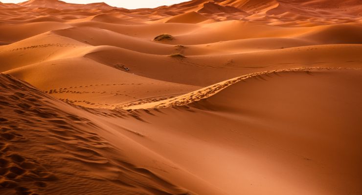 Nomad tent camp at sunset in the Sahara desert
