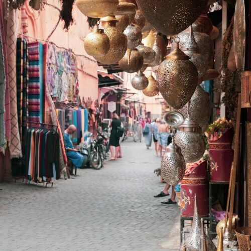 Traditional goods on display in a Marrakech market stall