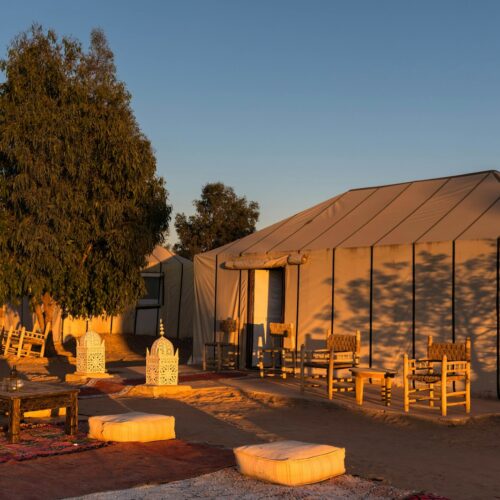 Desert camp tent set up among the dunes near Merzouga, Morocco