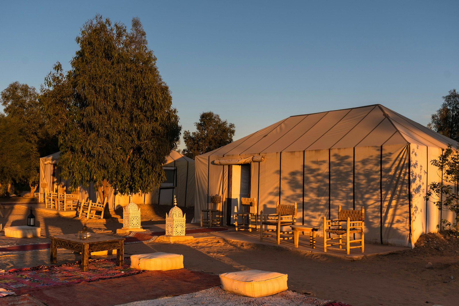 Desert camp tent set up among the dunes near Merzouga, Morocco